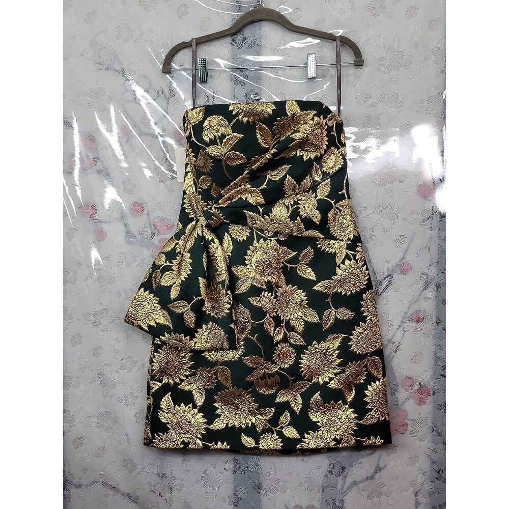 Lela Rose Nwt Forest Green & Gold Floral Jacquard Strapless Mini Dress Size 10